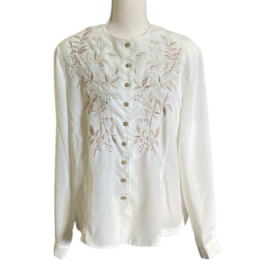 Vintage Kathy Che Ivory Sheer blouse Embroidered Button front Long Sleeve Sz 16